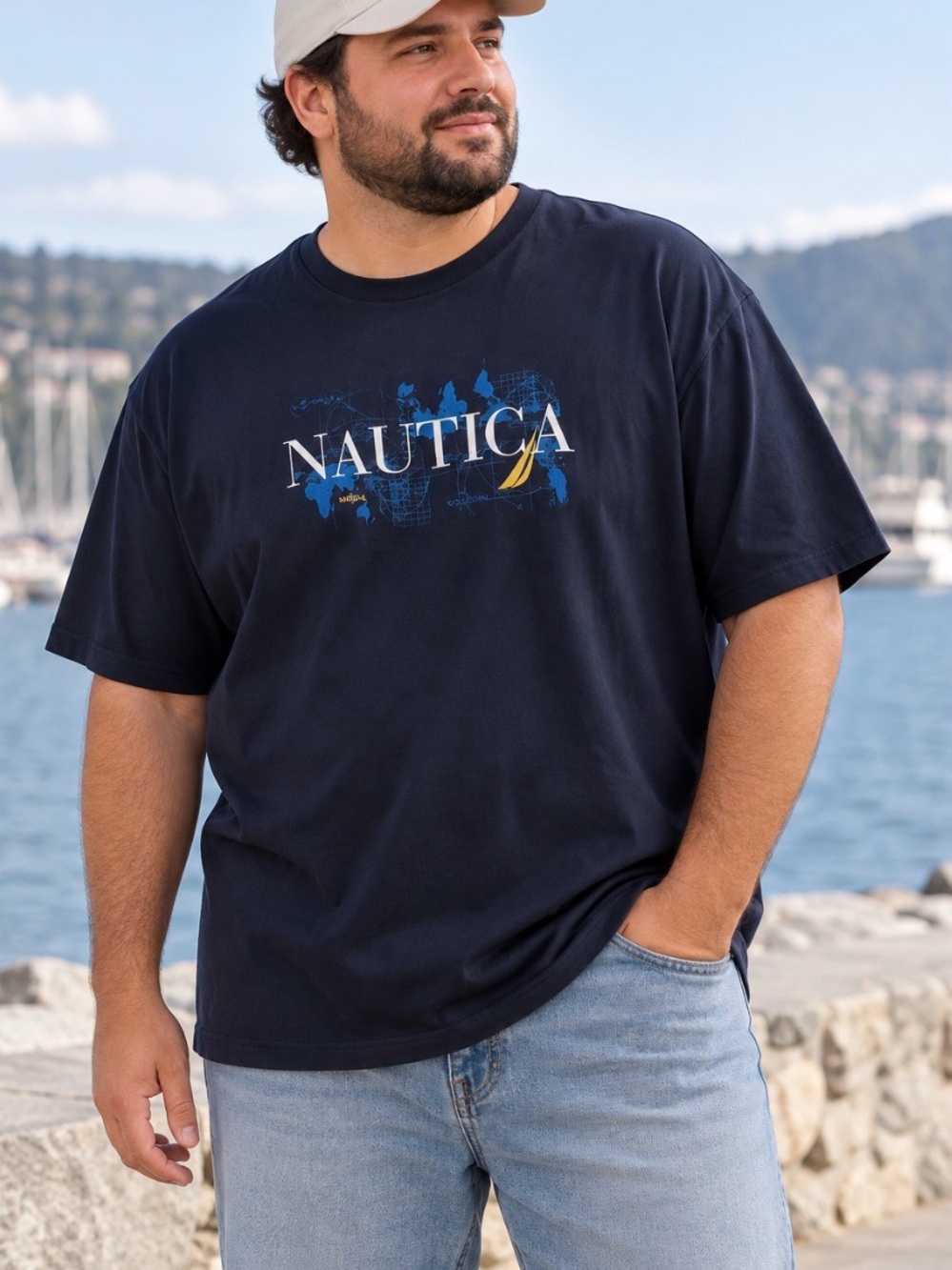Nautica 2X Navy Blue Graphic Logo T-Shirt Oversized Y2K Streetwear Cotton